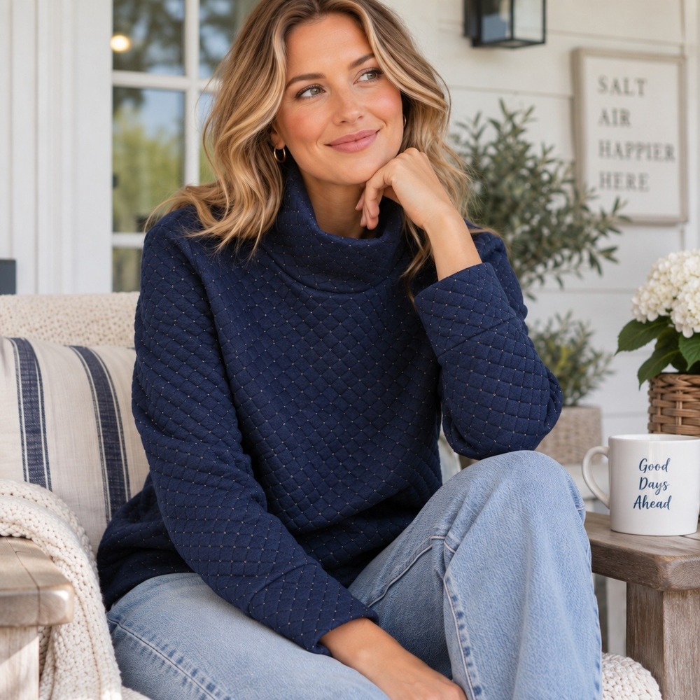 Crown & Ivy Quilted Sweatshirt Metallic Stitch Mock Neck Pullover Navy Women's M